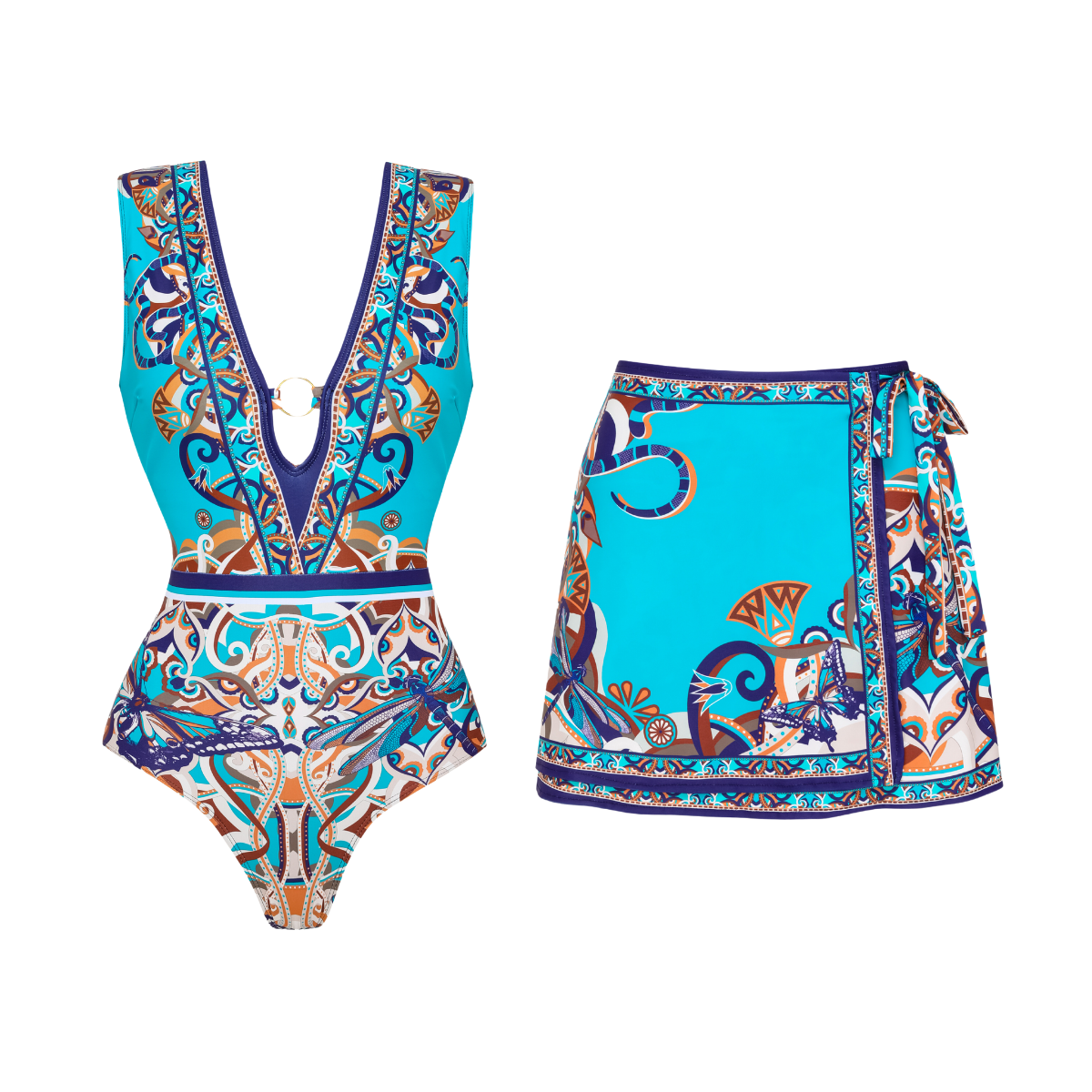 Butterfly and Dragonfly V-neck Hollow Print One Piece Swimsuit and Pants