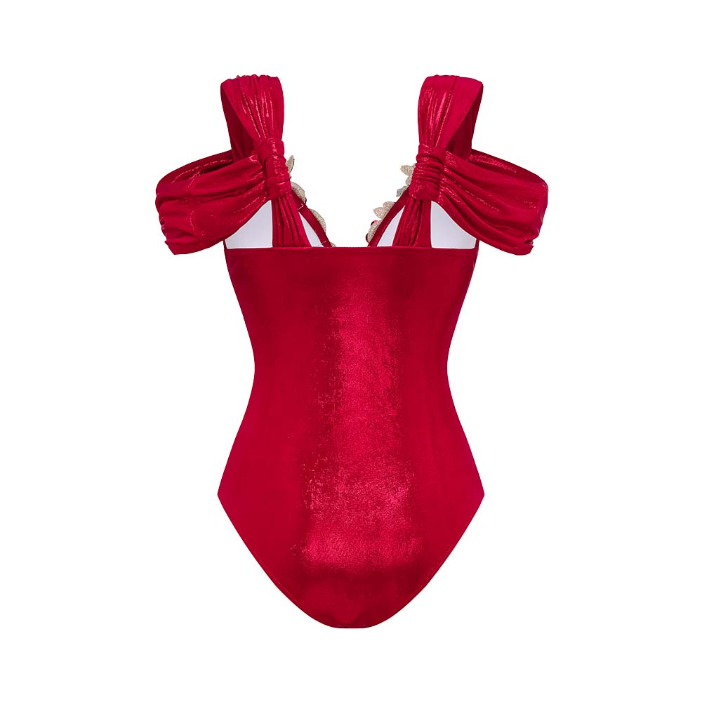 Red Shiny Embroidery Decoration One Piece Swimsuit and Skirt