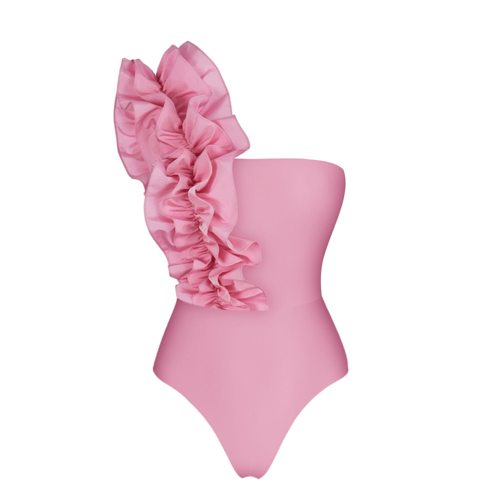 Plus Size One Shoulder Ruffle Solid Color One Piece Swimsuit and Skirt