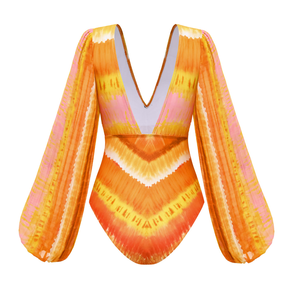 Long Sleeve V Neck Orange Gradient Print One Piece Swimsuit and Skirt