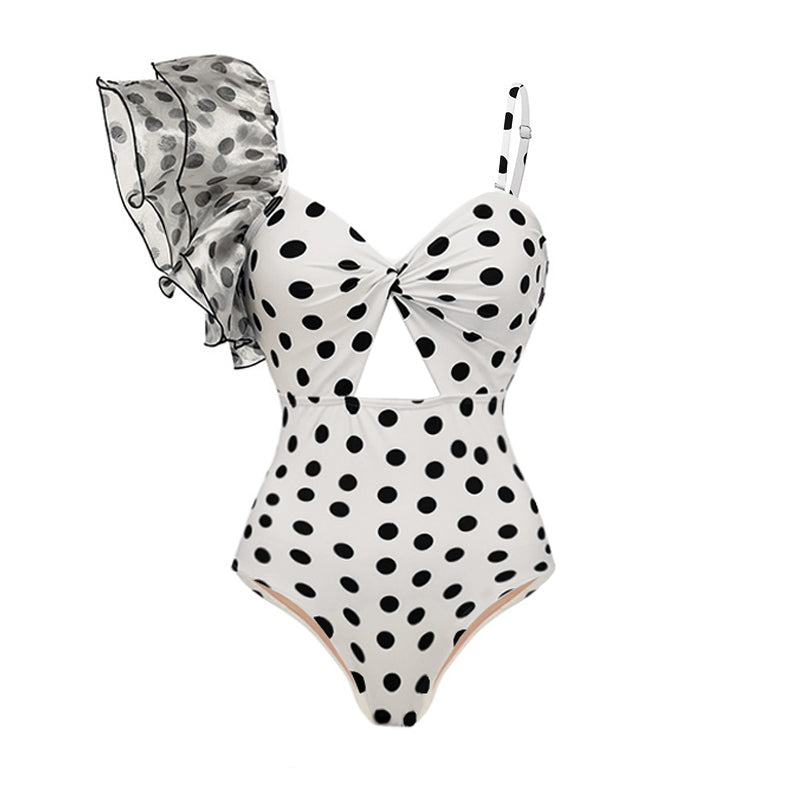 One Shoulder Ruffle Dot Printed Cut Out One Piece Swimsuit and Skirt Flaxmaker