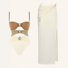 Plus Size Color Block Cutout One Piece Swimsuit and Sarong