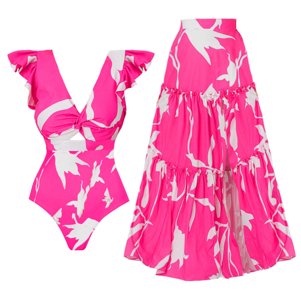 Plus Size V Neck Ruffle Printed One Piece Swimsuit and Skirt