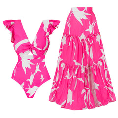 Plus Size V Neck Ruffle Printed One Piece Swimsuit and Skirt