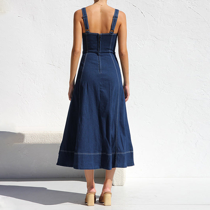 Buttons Sling  Dark Blue Denim Dress