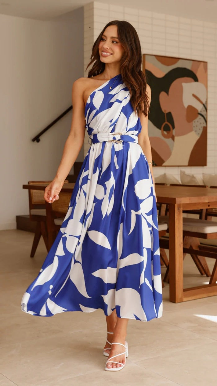 Oblique Shoulder Printed Dress