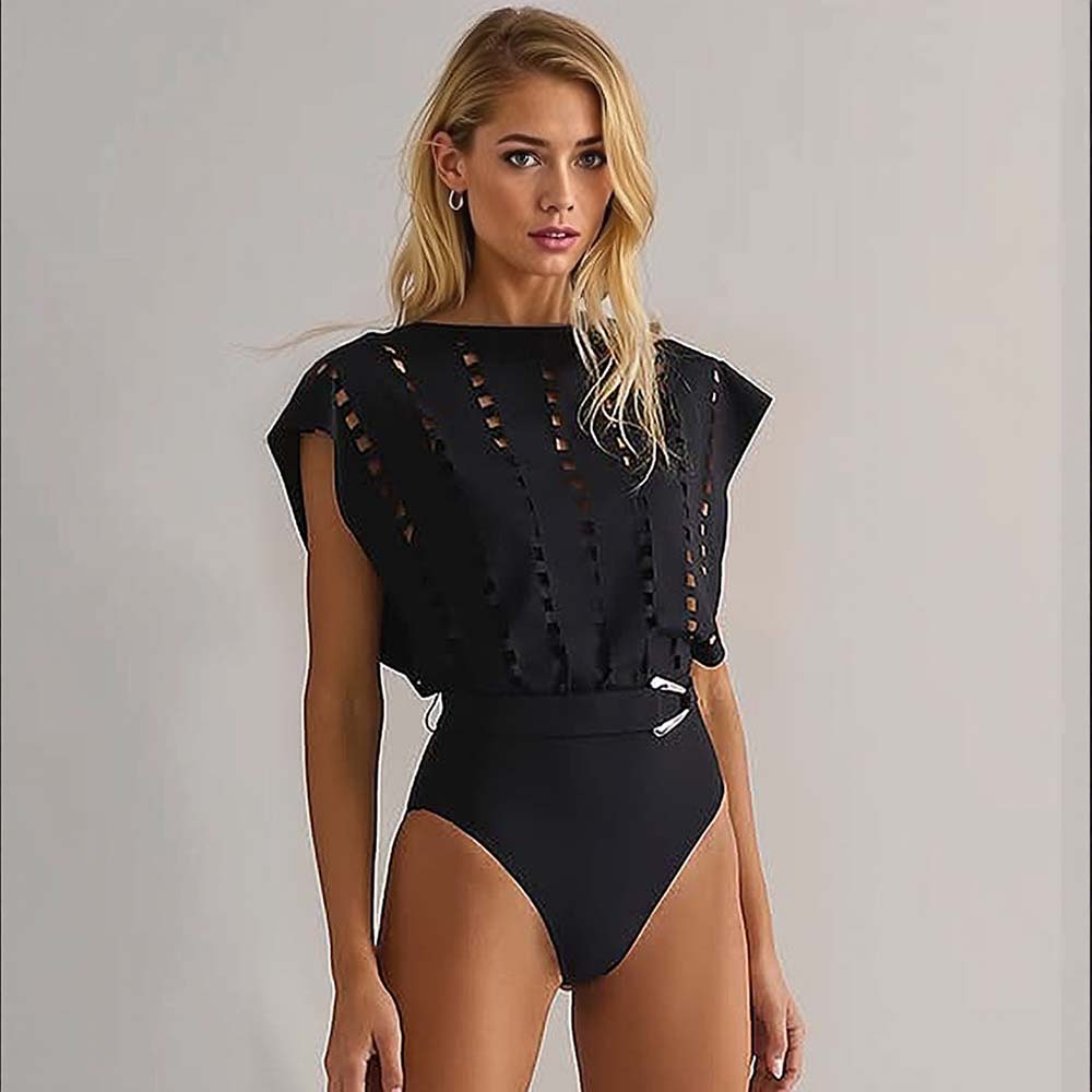 Plus Size Black Hollow Design One Piece Swimsuit and Skirt