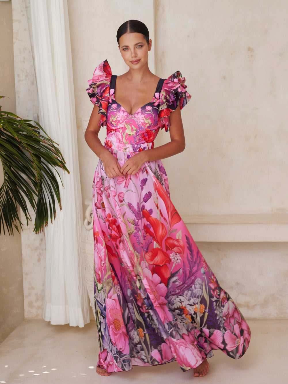 Plus Size Ruffled Blooming Flowers Print One Piece Swimsuit and Sarong