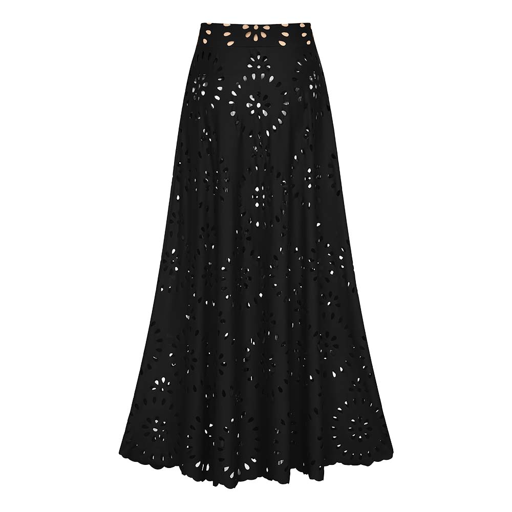Plus Size Black Laser Cutting Flower Hollow One Piece Swimsuit and Skirt