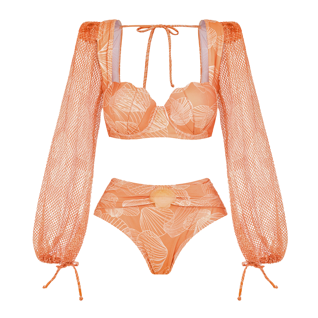 Plus Size Shell Print Long Sleeve One Piece Swimsuit
