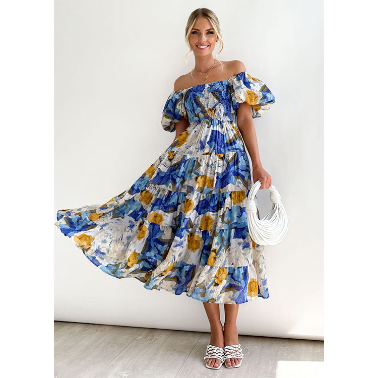 Off Shoulder Puff Sleeve Midi Dress