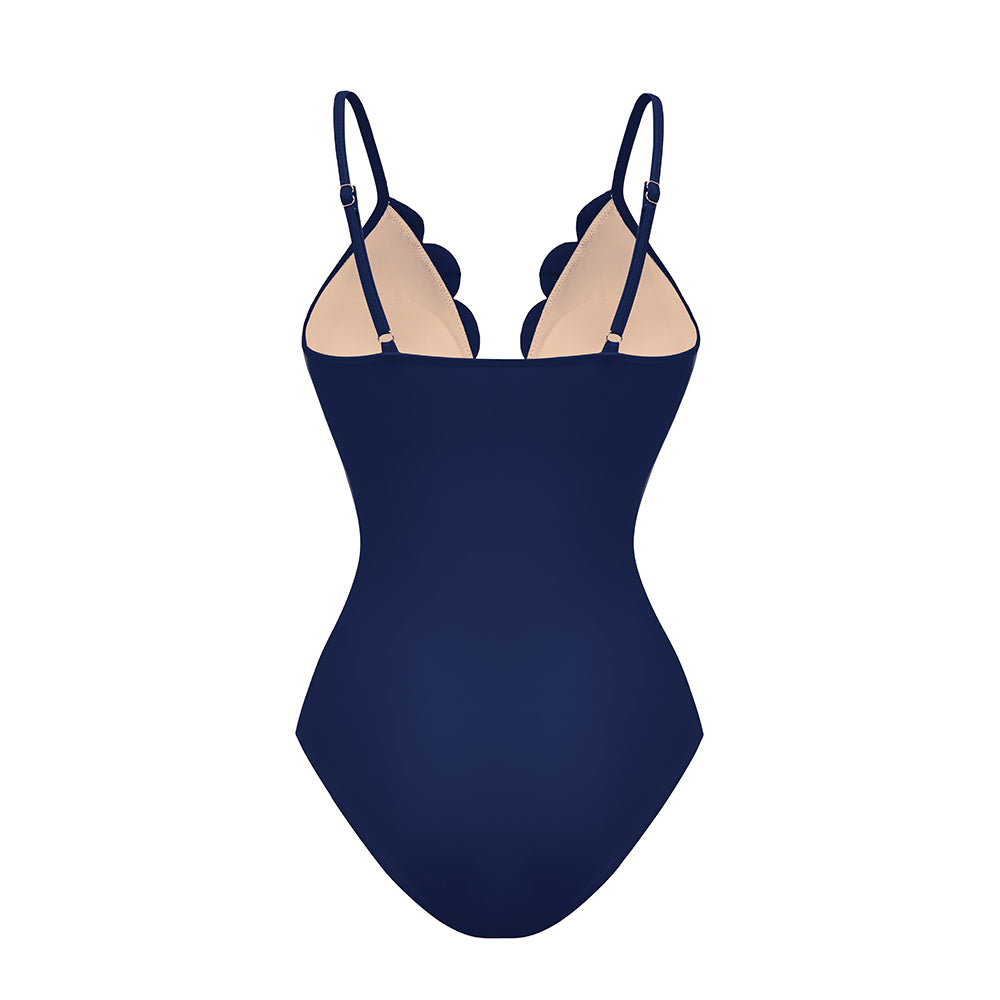 Plus Size Navy Blue Laser Cutting Flower Hollow One Piece Swimsuit and Skirt