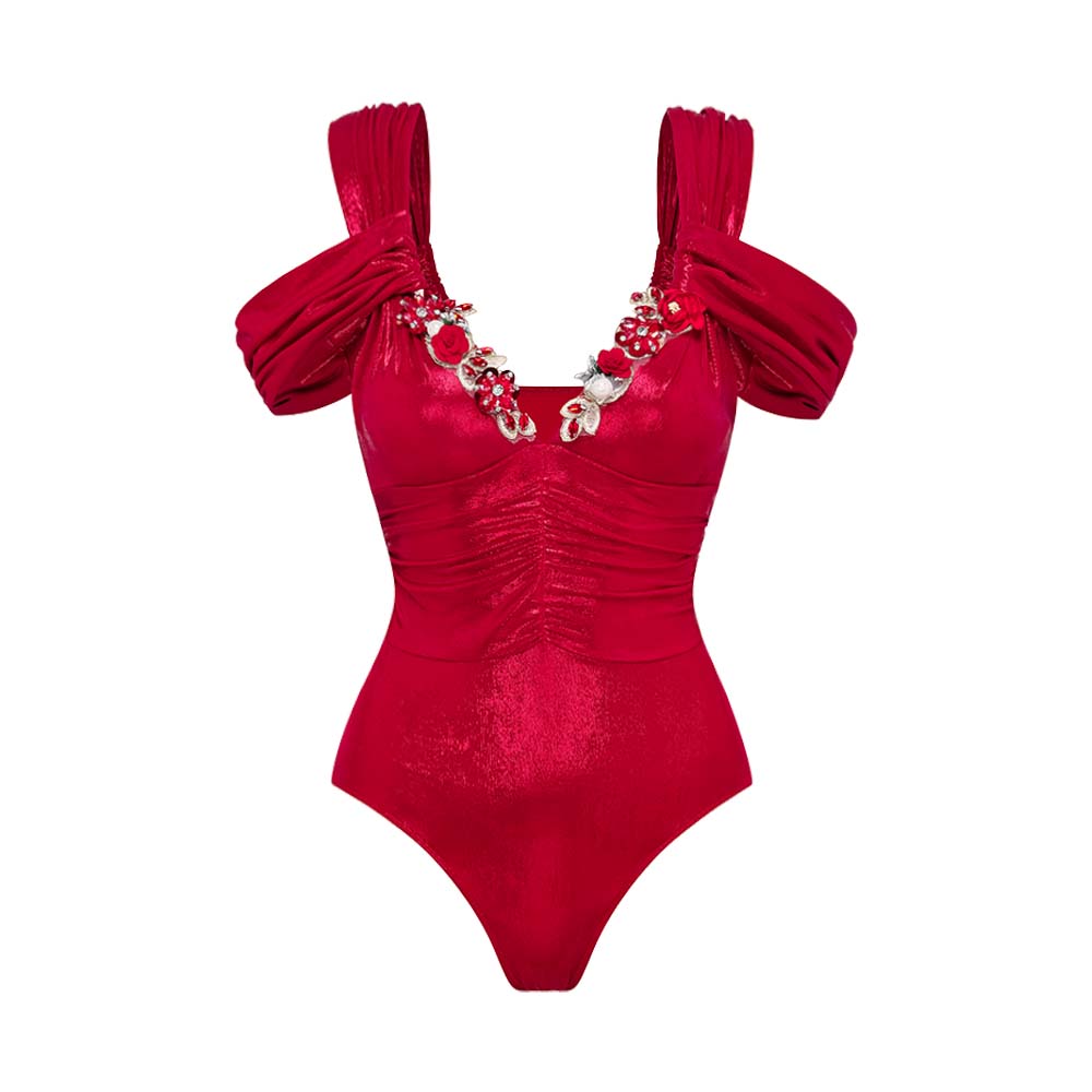 Plus Size Red Shiny Embroidery Decoration One Piece Swimsuit and Skirt