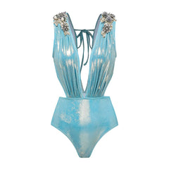 Plus Size Shiny Beaded Flowers Deep V-neck One Piece Swimsuit and Split Skirt