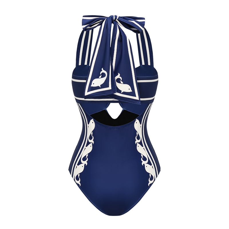 Navy Style Printed Bow Tie Decor One Piece Swimsuit and Skirt
