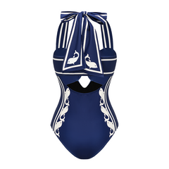 Navy Style Printed Bow Tie Decor One Piece Swimsuit and Skirt