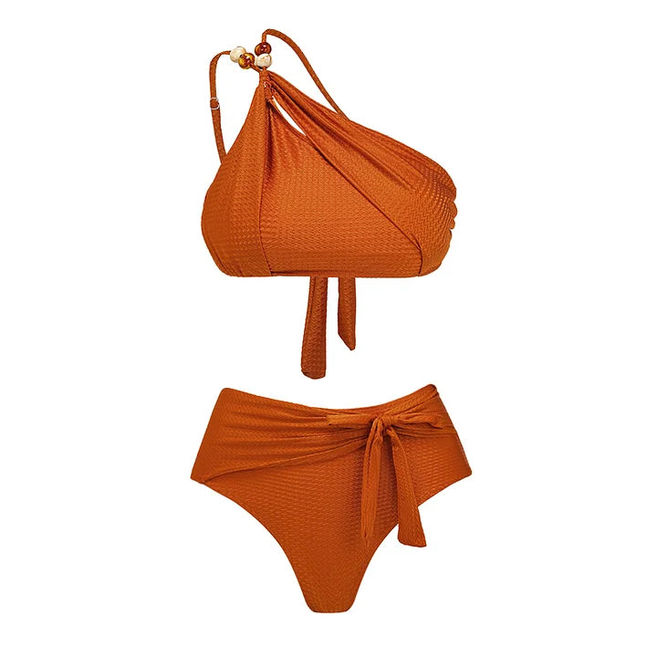 Beaded Cutout One Shoulder One Piece Swimsuit and Sarong Flaxmaker