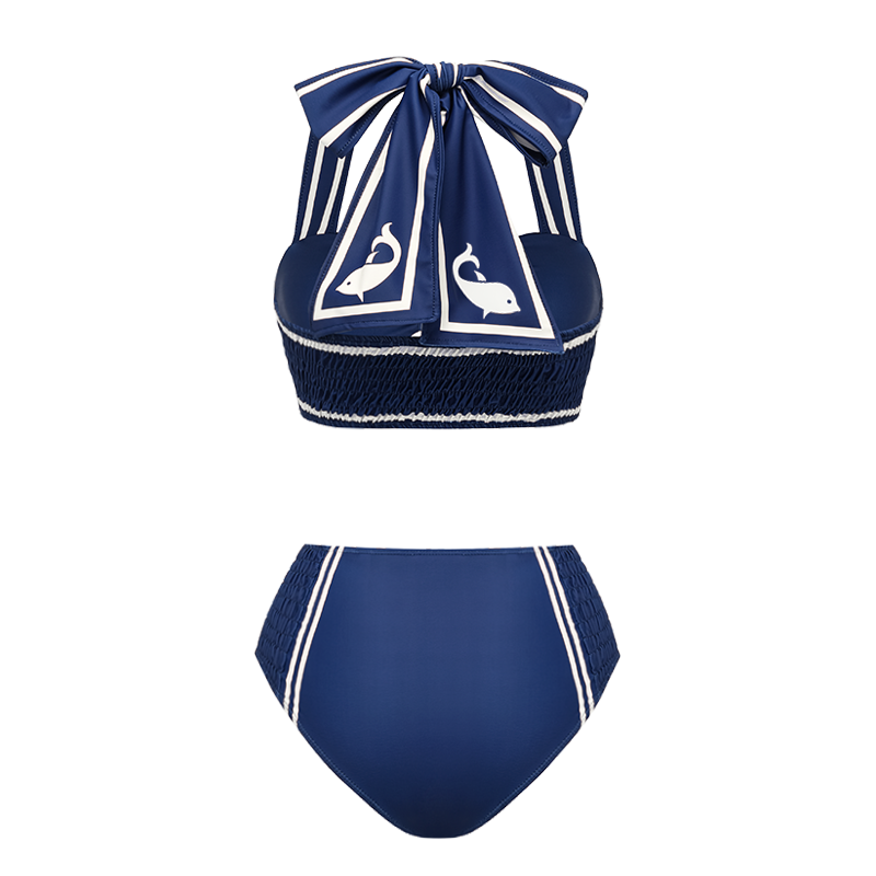 Navy Style Printed Bow Tie Decor Bikini Swimsuit and Skirt