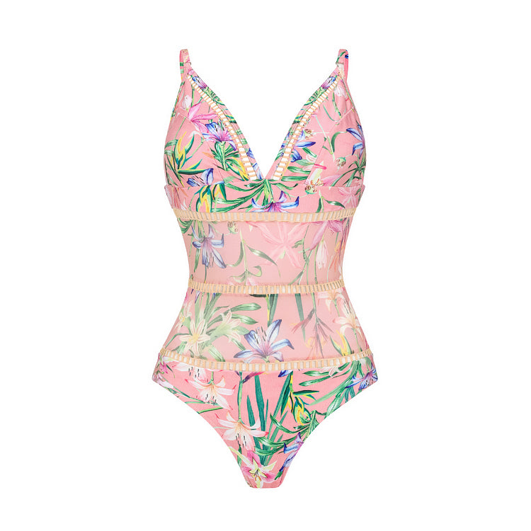Floral Print One Piece Swimsuit and Mesh Splicing Skirt Flaxmaker