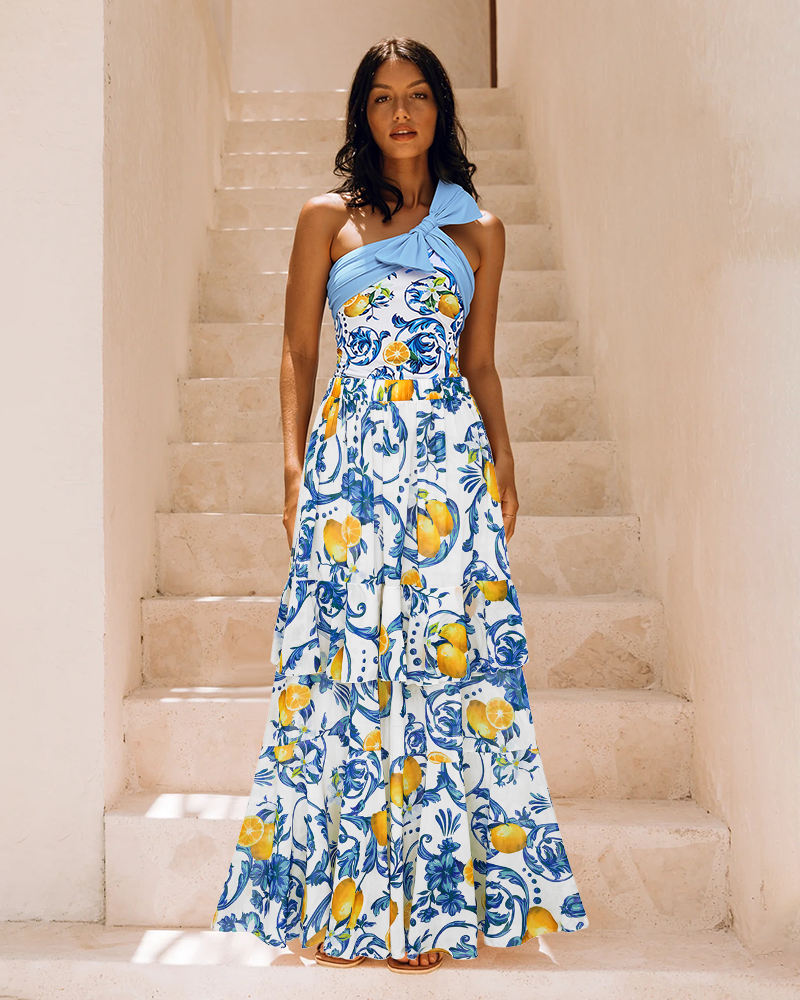 Lemon Print One Shoulder One Piece Swimsuit and Sarong or Skirt Flaxmaker
