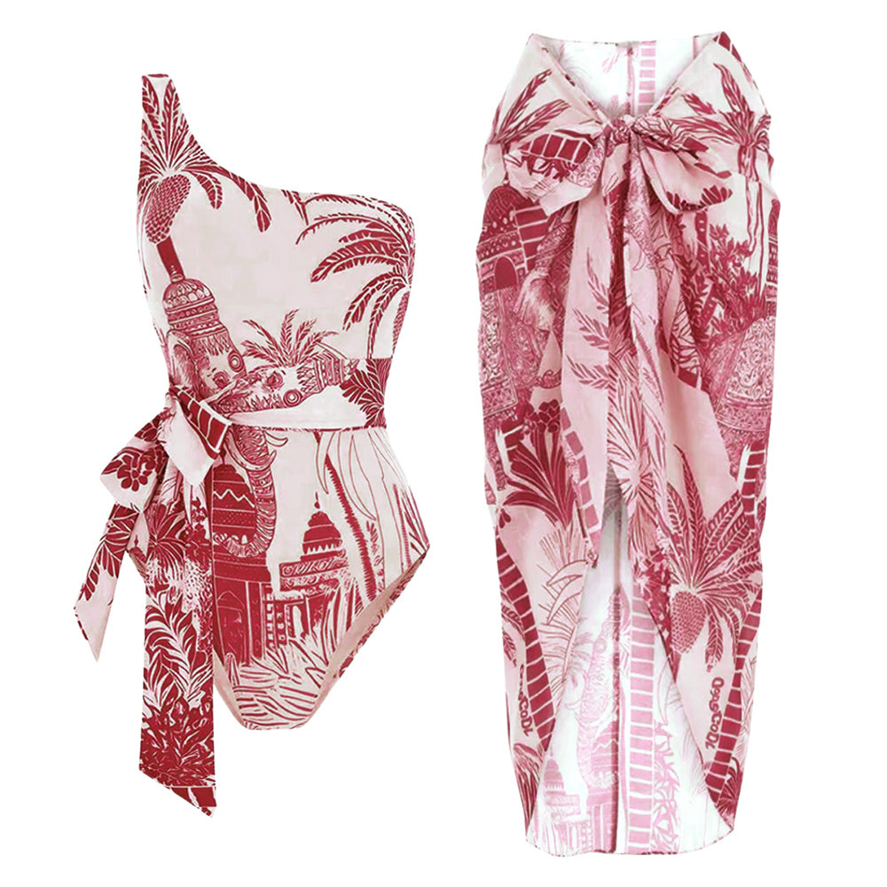 Plus Size One Shoulder Coconut Palm Print One Piece Swimsuit and Sarong