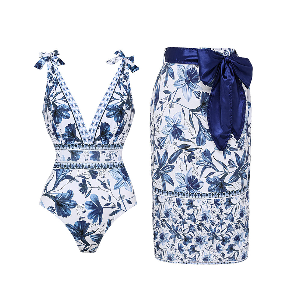 Plus Size V Neck Lace Up Printed One Piece Swimsuit and Skirt
