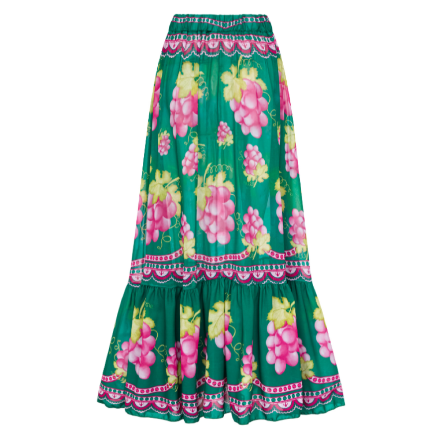 Ruffled Deep V Cutout Retro Green Grapes Print One Piece Swimsuit and Skirt