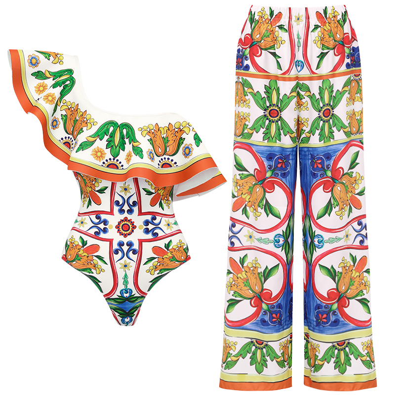 Plus Size One Shoulder Ruffle Paisley-print One Piece Swimsuit and Sarong or Pants