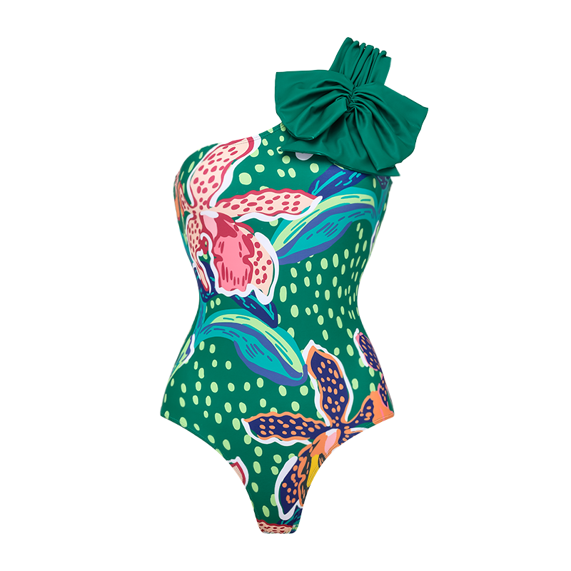 Plus Size Tropic Printed One Shoulder One Piece Swimsuit and Sarong Flaxmaker