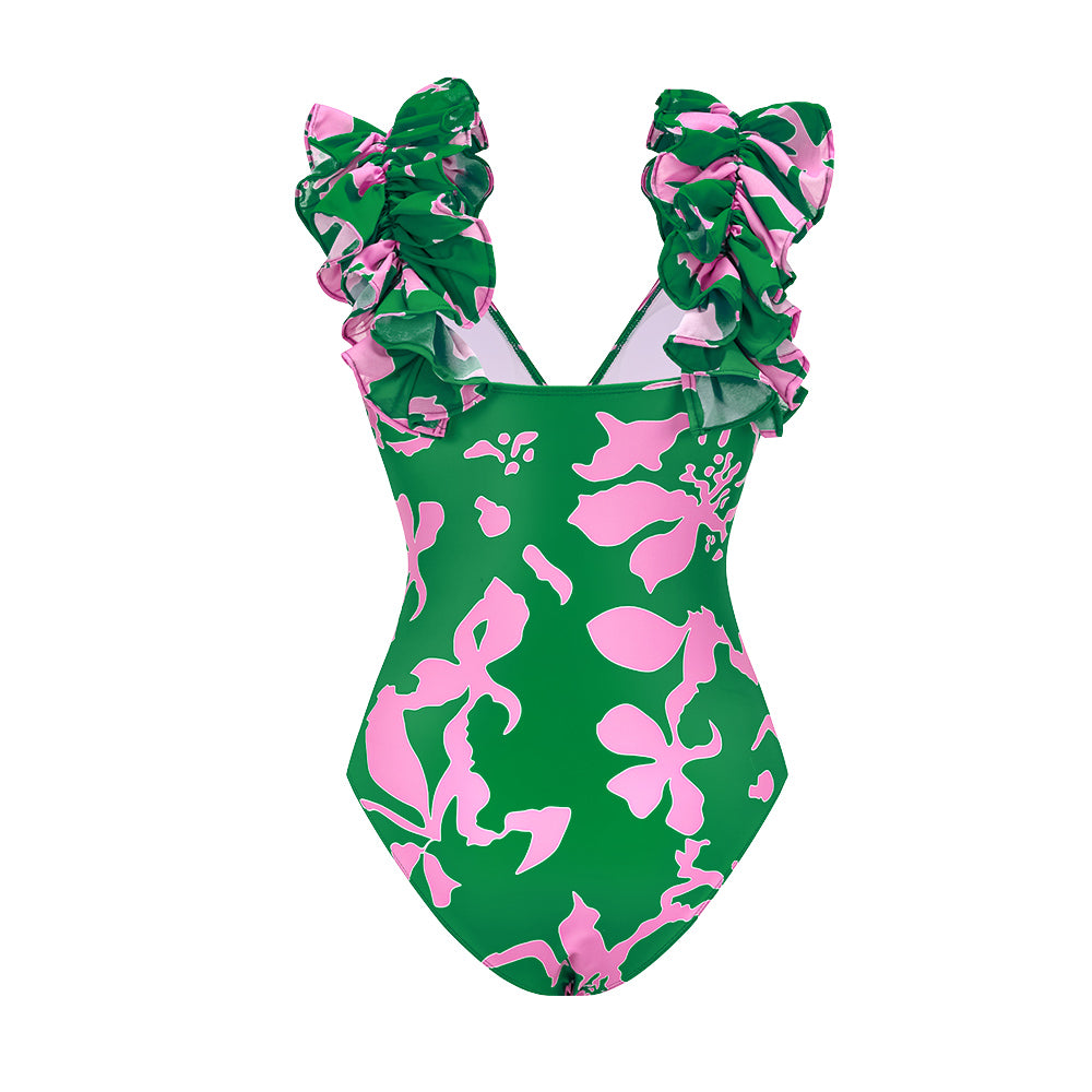 Plus Size Ruffled Strap Printed One Piece Swimsuit and Skirt Flaxmaker