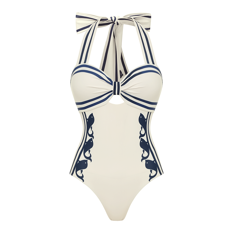 Plus Size Navy Style Printed Bow Tie Decor One Piece Swimsuit and Skirt