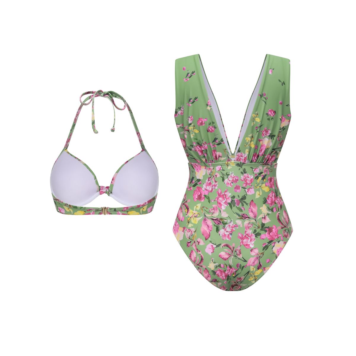 Plus Size Floral Bikini & Plunging Ruched Swim Set