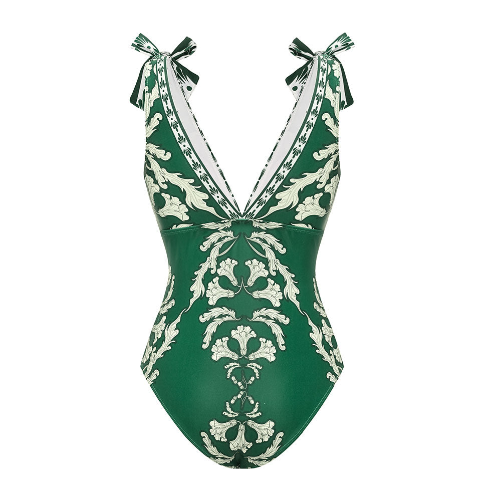 Plus Size V Neck Lace Up Printed One Piece Swimsuit and Skirt