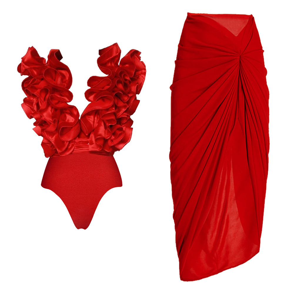 Plus Size Red Flower Frilled V Neck One Piece Swimsuit and Skirt