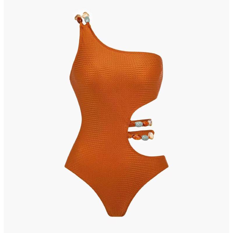 Beaded Cutout One Shoulder One Piece Swimsuit and Sarong Flaxmaker
