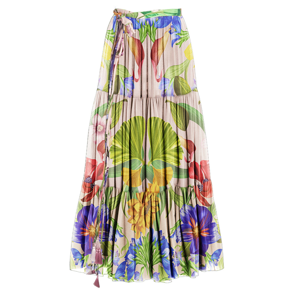 V-neck Long Sleeve Flowers Printed One Piece Swimsuit and Skirt