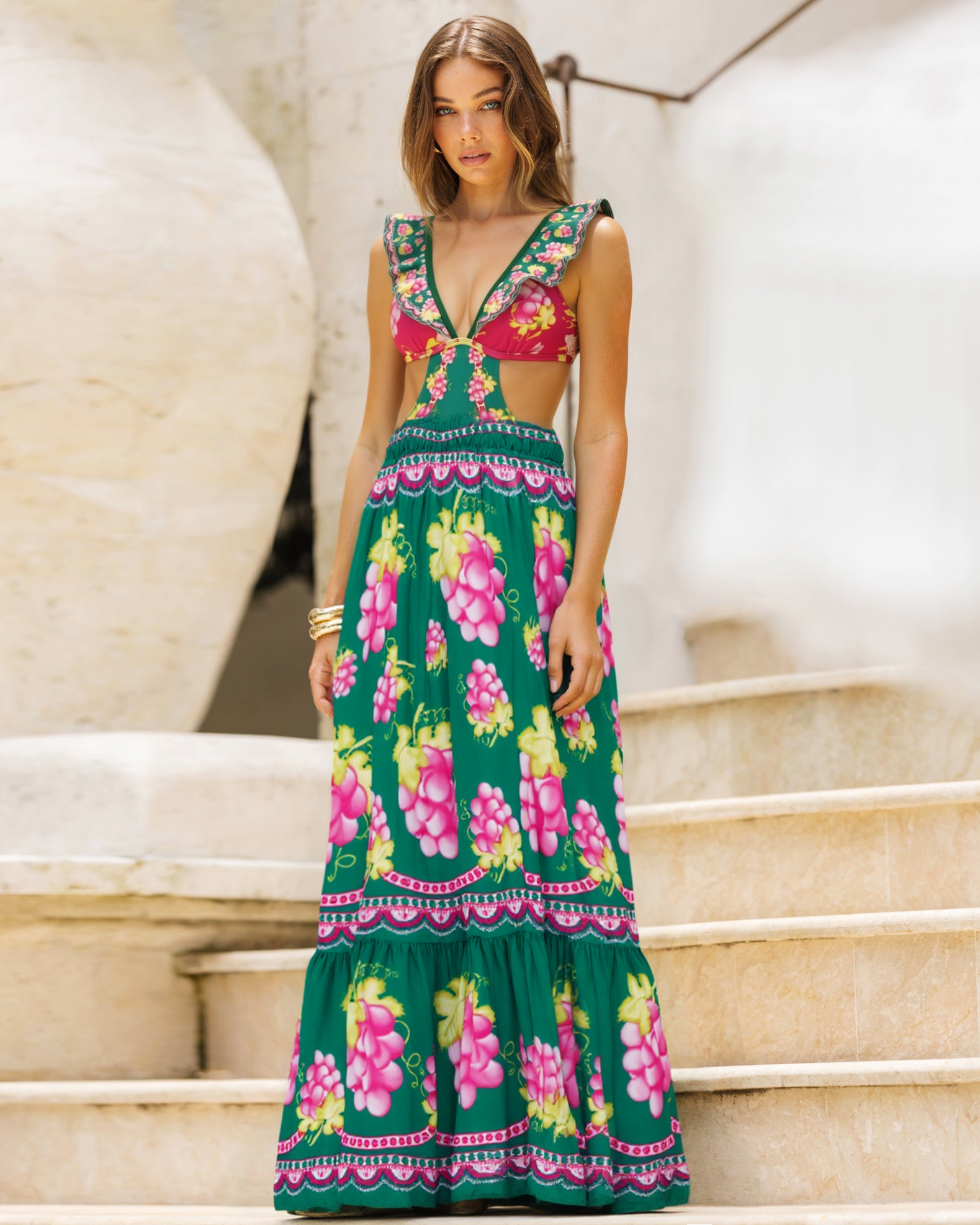Ruffled Deep V Cutout Retro Green Grapes Print One Piece Swimsuit and Skirt