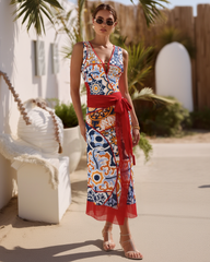 V Nack Printed One Piece Swimsuit and Sarong Flaxmaker
