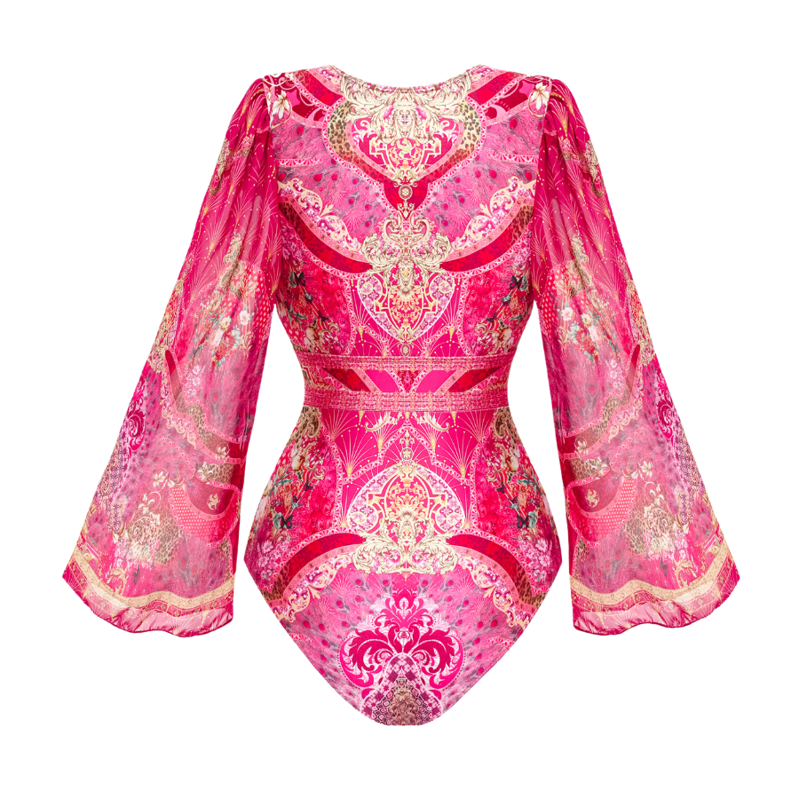 Long-sleeved Rose Red Blooming Flower Print One Piece Swimsuit and Skirt