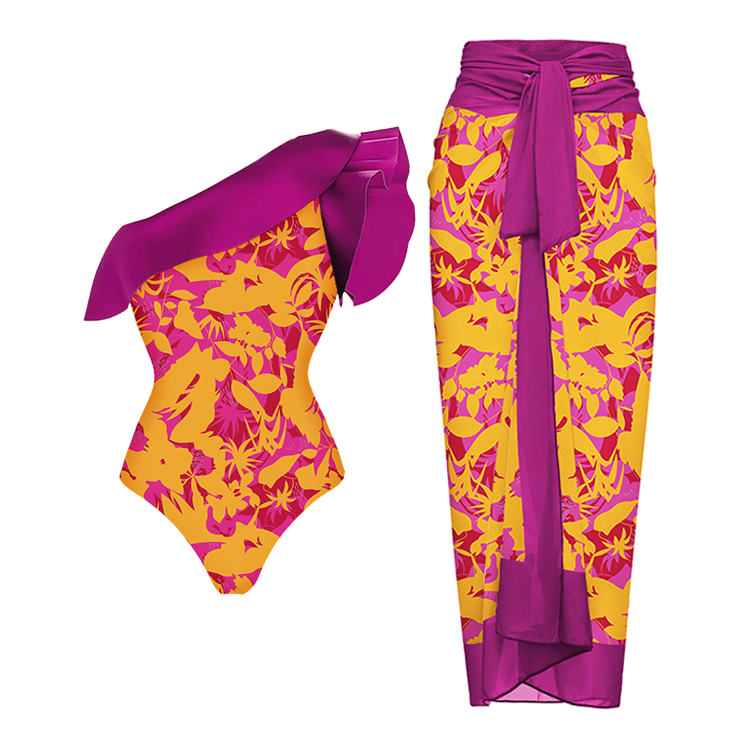 One Shoulder Ruffle Printed One Piece Swimsuit and Sarong Flaxmaker