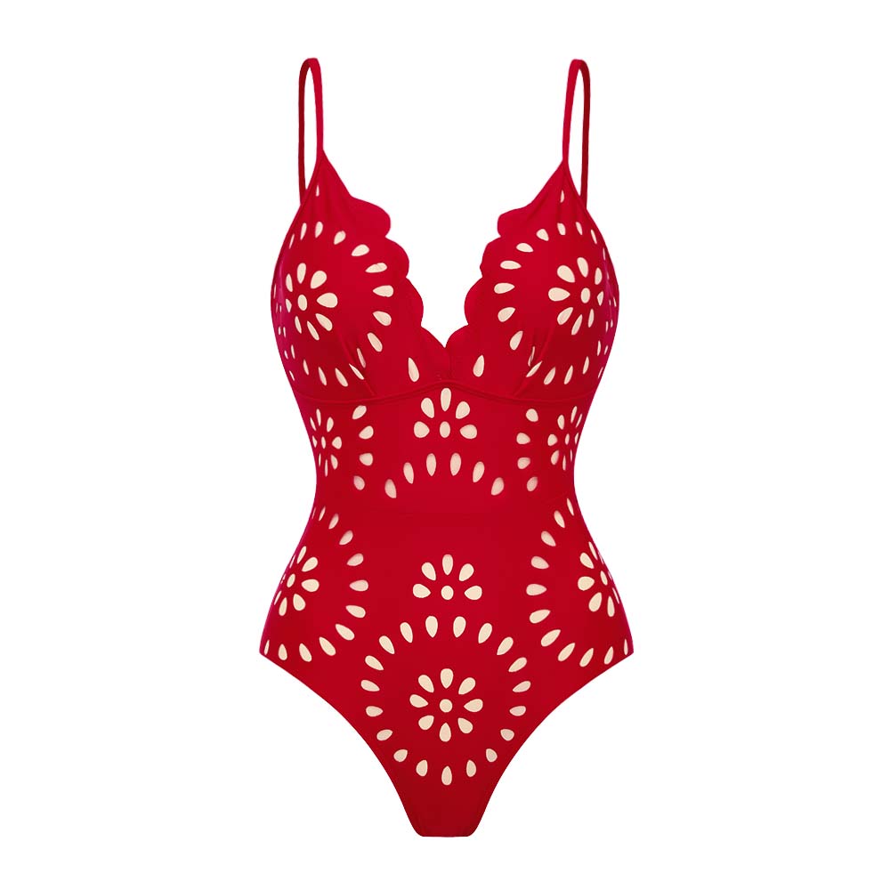 Plus Size Laser Flower Hollow One Piece Swimsuit and Skirt