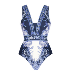 Blue and White Porcelain Print V Neck One Piece Swimsuit and Skirt