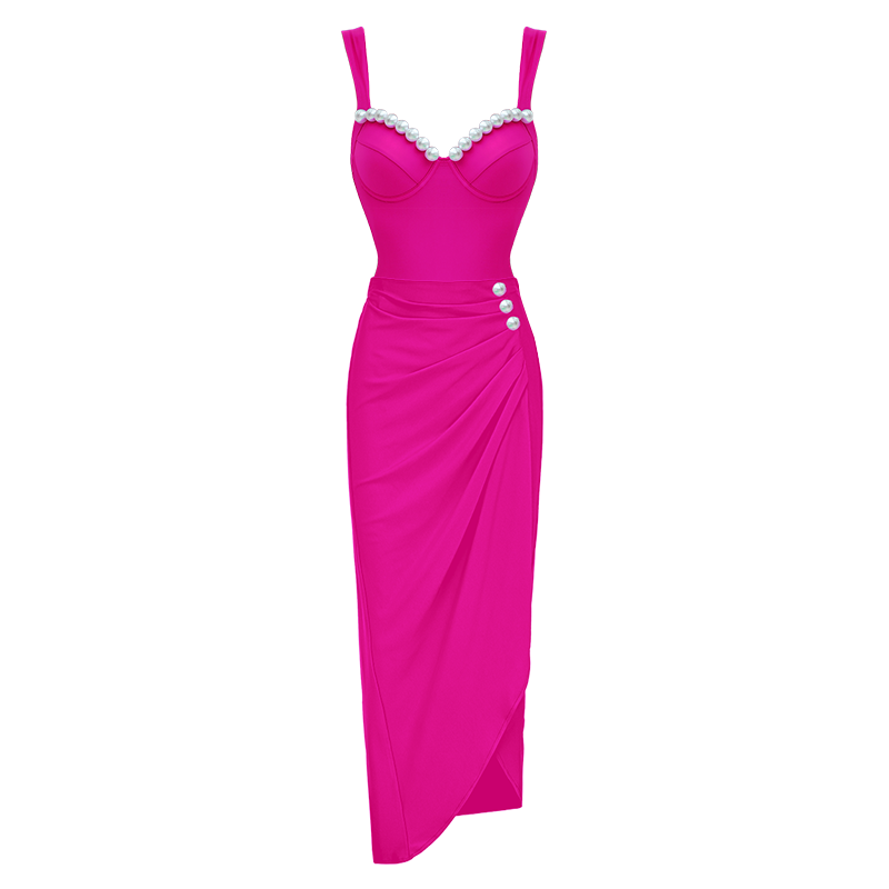 Sling Artificial Pearl Decor Pink One Piece Swimsuit and Skirt