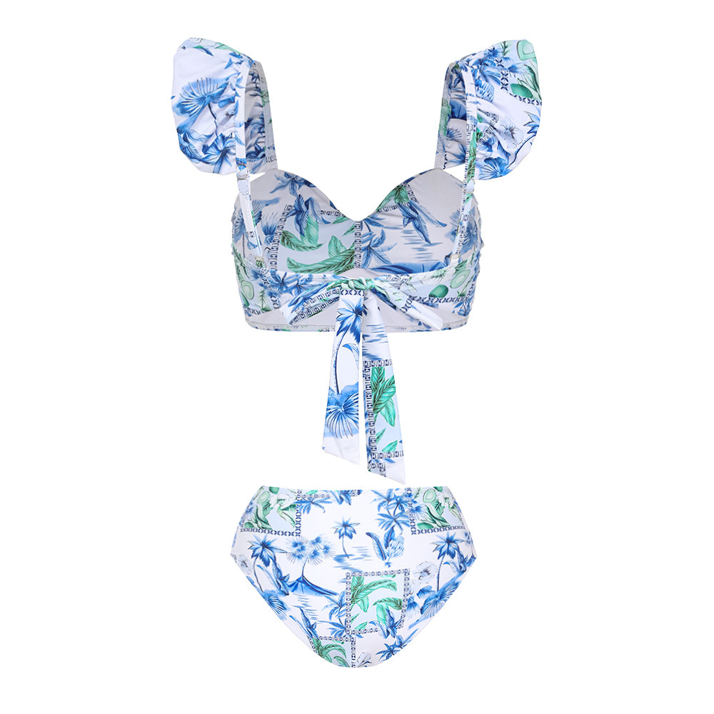 Sling Ruffle Printed  High Waist Bikini Swimsuit and Pants