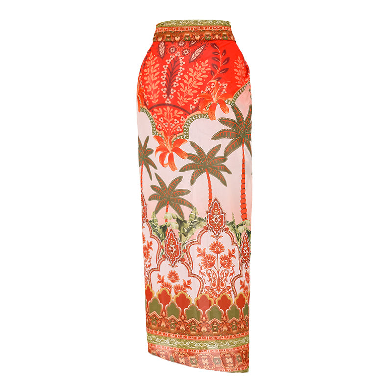Beaded Cutout One Shoulder Coconut Palm Print One Piece Swimsuit and Skirt