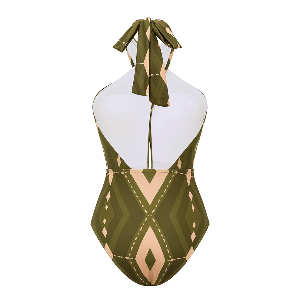 Plus Size Halter Neck Geometric Pattern Print One Piece Swimsuit and Pants