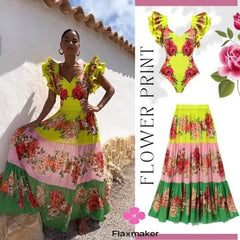 Ruffled Blooming Flower Print One Piece Swimsuit and Skirt Flaxmaker