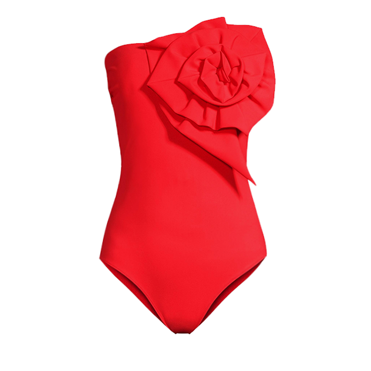 Plus Size 3D Flower Removable Strap Red One Piece Swimsuit and Sarong Flaxmaker