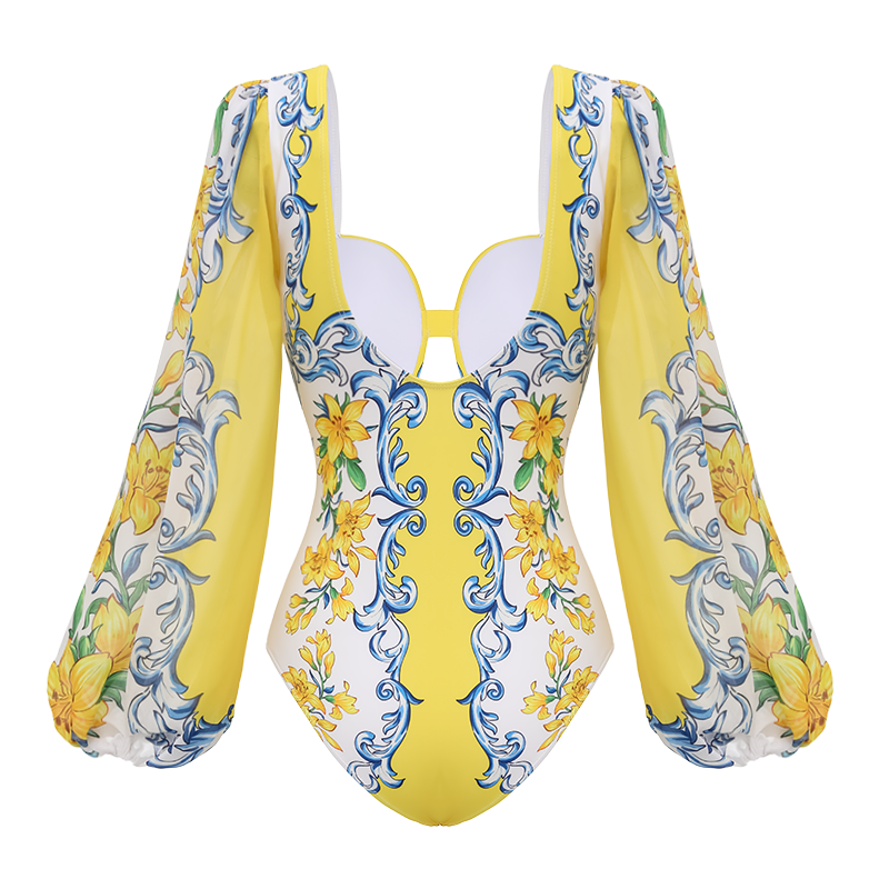 Plus Size Printed Sicily Long Sleeved One Piece Swimsuit and Skirt