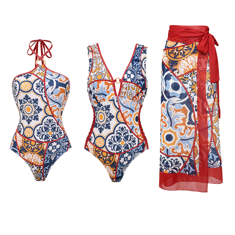 Plus Size V Nack Printed One Piece Swimsuit and Sarong Flaxmaker